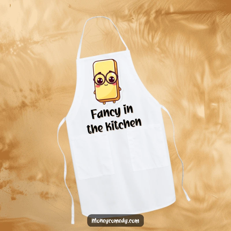 Funny Kawaii Gold Bar Apron showing a dapper gold bar with a monocle, perfect for keeping clothes clean during cooking.