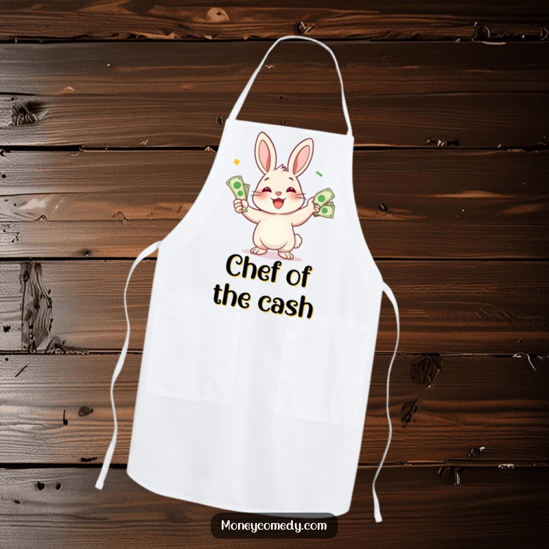Funny rabbit apron featuring a smiling character juggling bills, adding humor and financial playfulness to kitchen tasks.