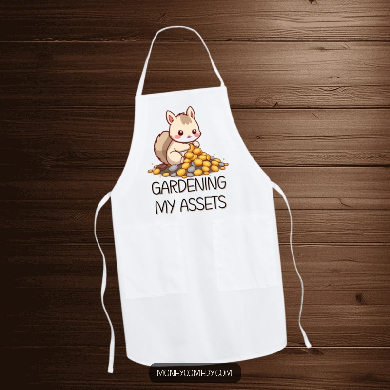 Funny squirrel apron featuring a kawaii character burying coins, adding humor and charm to kitchen tasks.