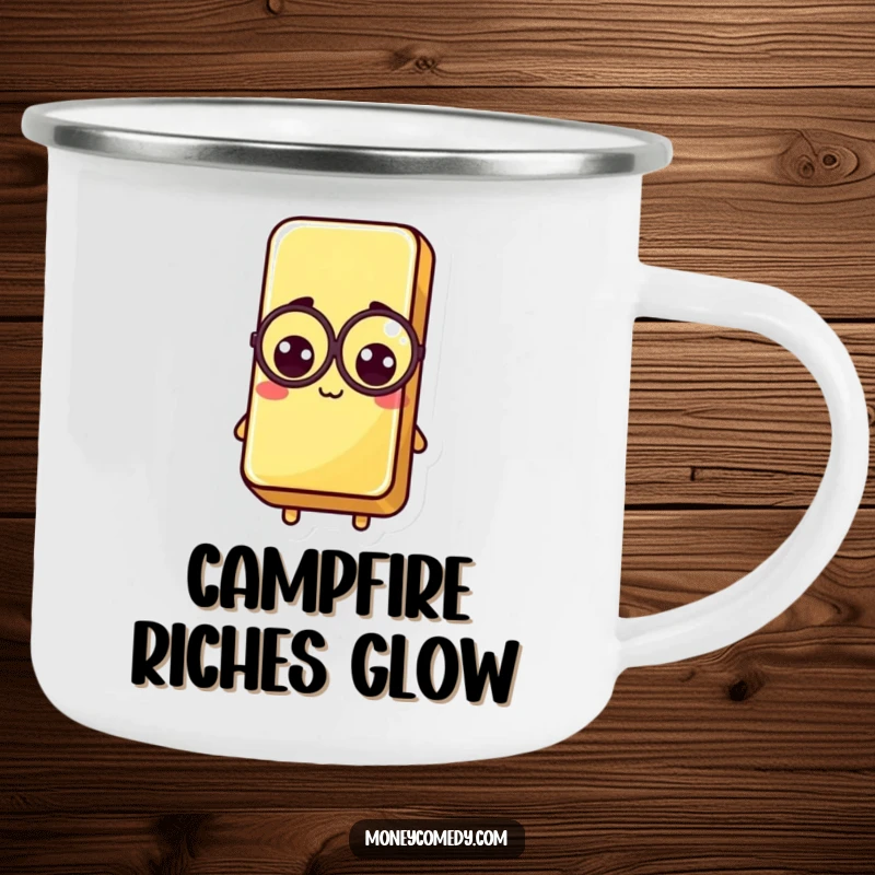 Funny Kawaii Gold Bar Camping Mug showing a sophisticated gold bar with a monocle, perfect for outdoor beverages.