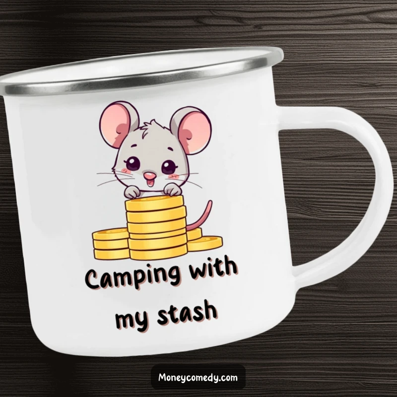 Funny shy mouse camping mug featuring a shy character peeking from behind coins, perfect for enjoying drinks outdoors humorously.