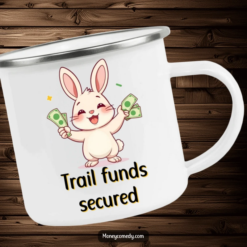 Funny rabbit camping mug featuring a smiling character juggling bills, perfect for enjoying drinks outdoors humorously.