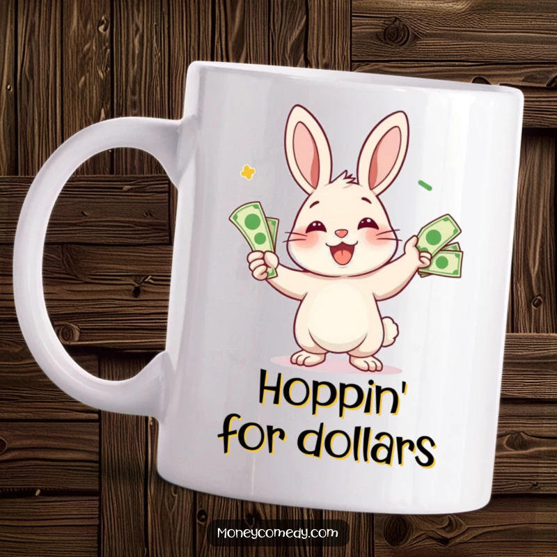 Funny rabbit mug featuring a smiling character joyfully juggling a handful of bills, symbolizing wealth and fun.