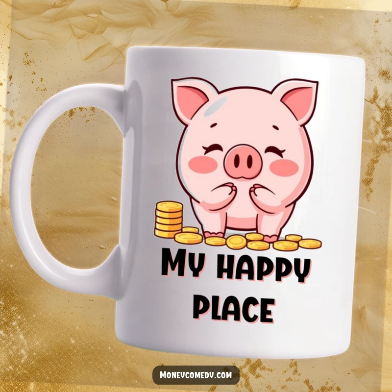 Funny piggy bank mug with a cute character happily counting coins, symbolizing prosperity and a good sense of humor.