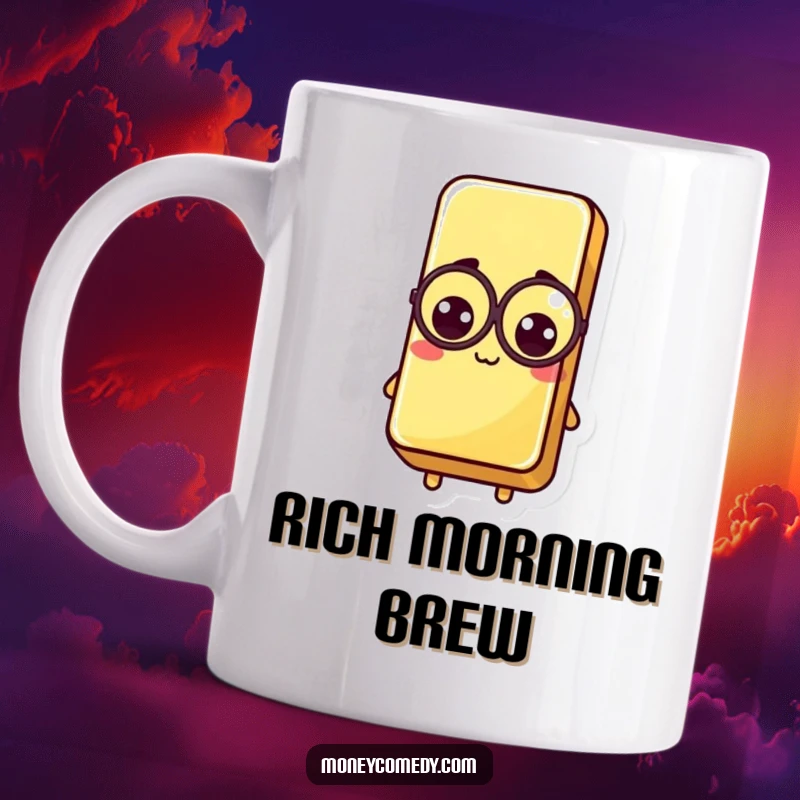 Funny Kawaii Gold Bar Mug showing a dapper gold bar character wearing a monocle, exuding wealth and humor.