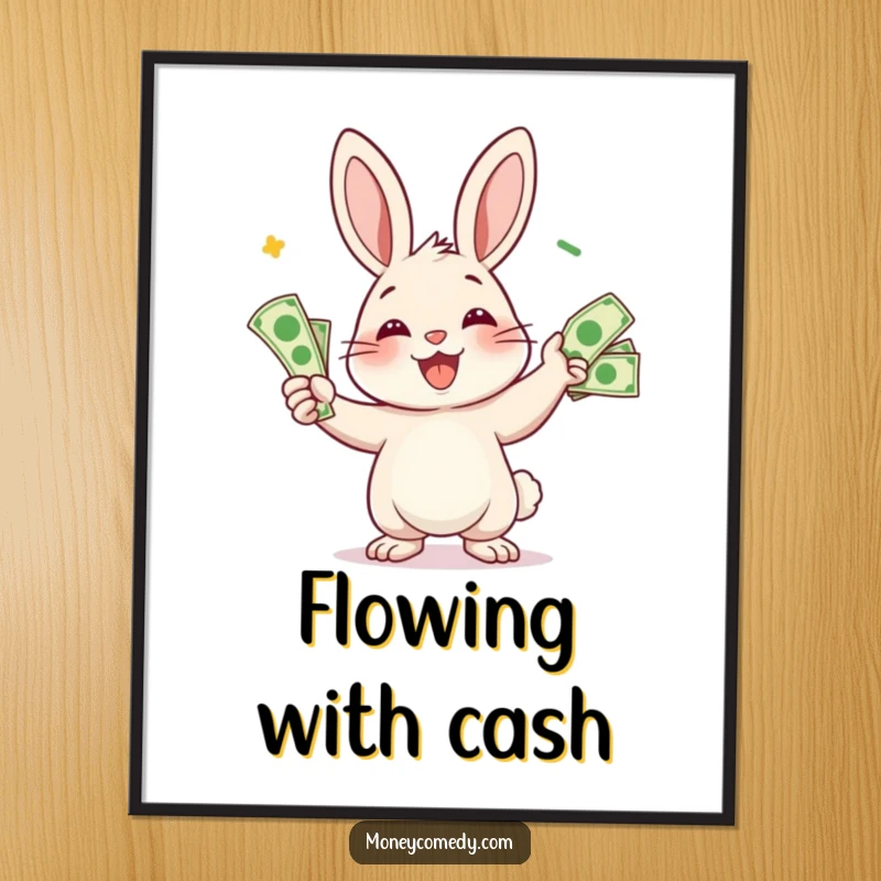 Funny rabbit digital art print showing a smiling character juggling bills, perfect for instant, humorous financial decor.