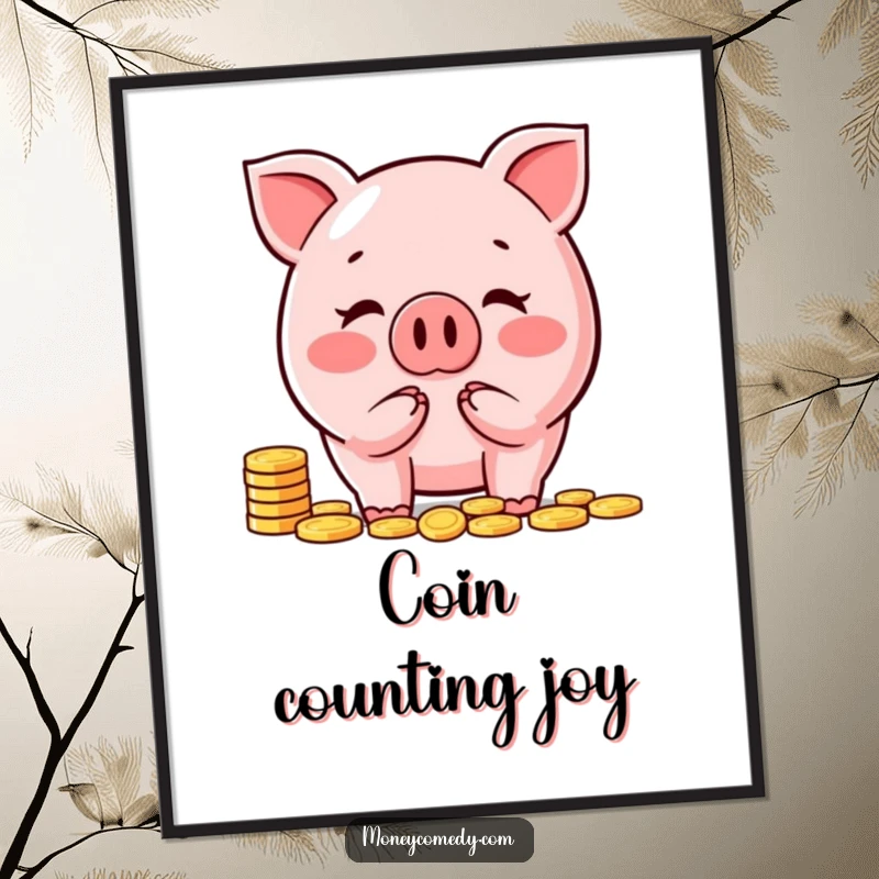 Funny piggy bank digital art print showing a happy character counting coins, perfect for instant, humorous financial decor.