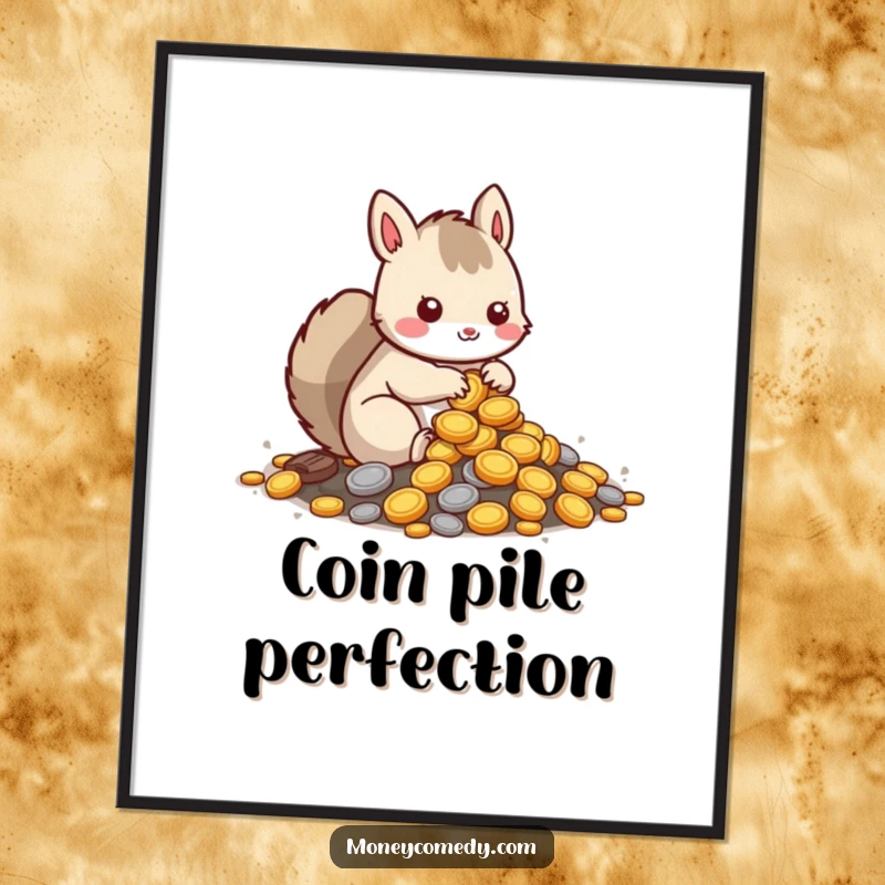 Funny squirrel digital art print showing a kawaii character burying coins, perfect for instant, humorous decor.