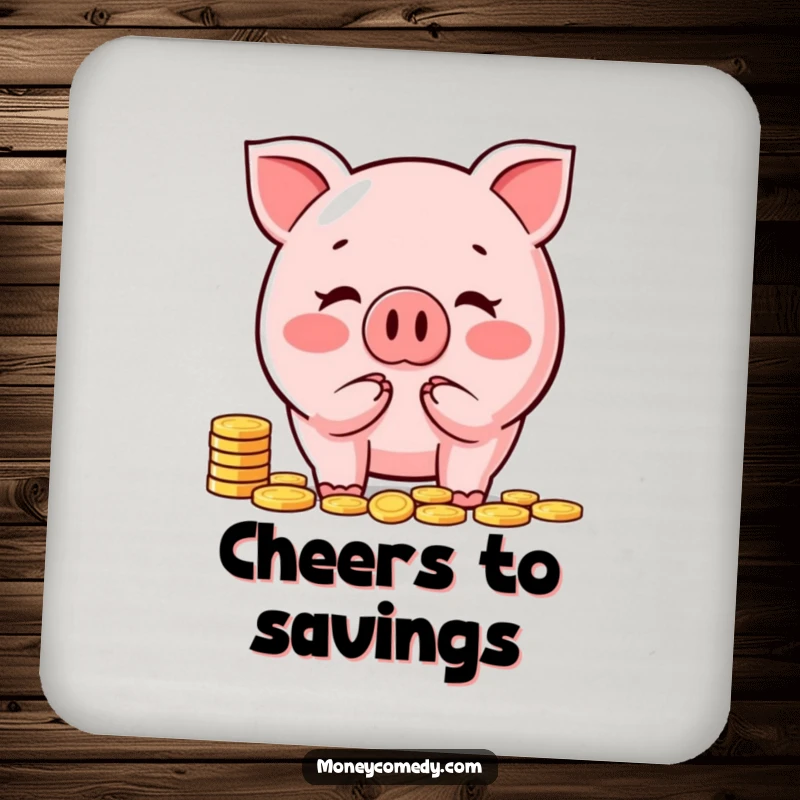 Funny piggy bank drink coasters featuring a happy character counting coins, adding financial humor to tabletops.