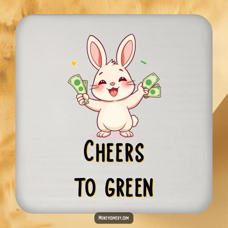 Funny rabbit drink coasters featuring a smiling character juggling bills, adding financial humor to tabletops.