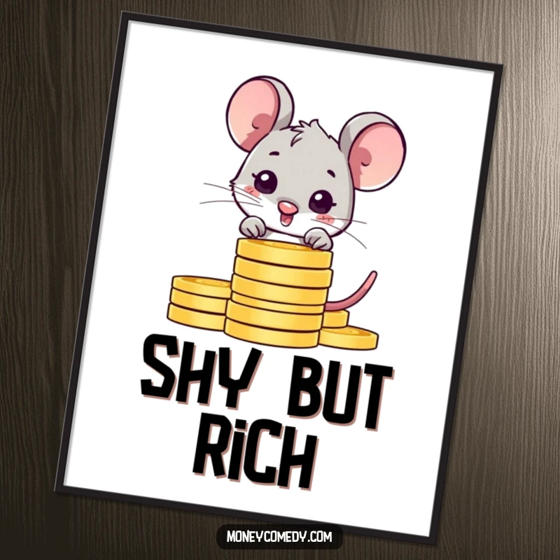 Funny shy mouse poster showcasing a shy character peeking from behind coins, ideal for adding whimsical, humorous decor.