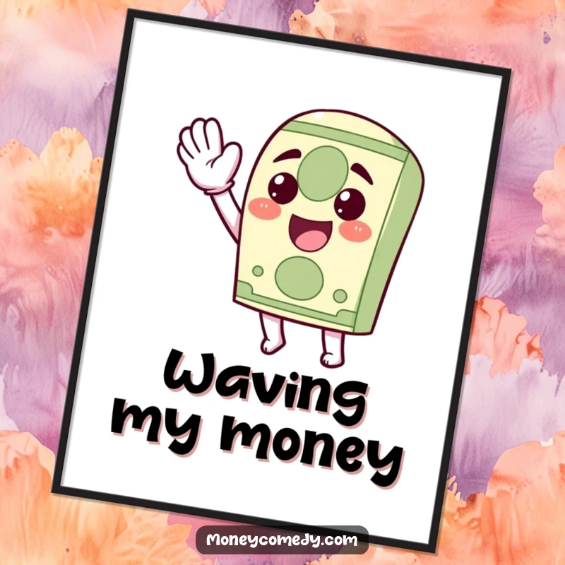 Funny Kawaii Dollar Bill Poster depicting a happy dollar bill character waving energetically, bringing vibrant financial art.