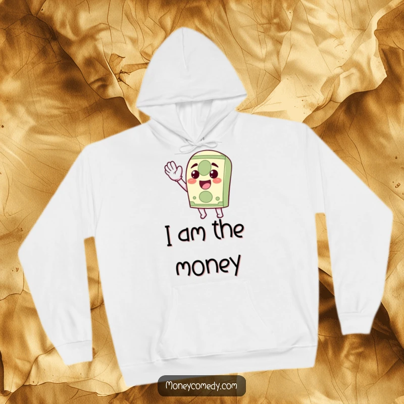 Funny Kawaii Dollar Bill Hoodie showcasing a happy, waving dollar bill, offering warmth and a cheerful financial theme.