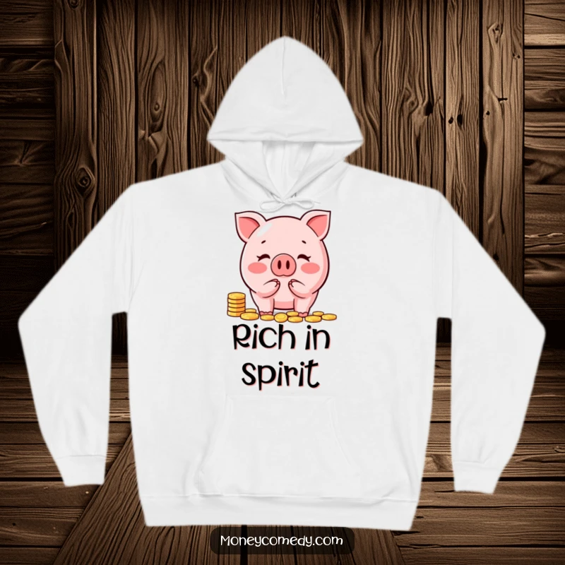 Funny piggy bank hoodie showcasing a cheerful character happily counting coins, ideal for staying warm and amused.