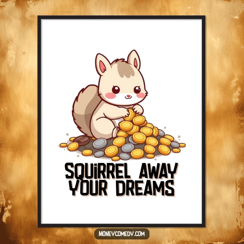 Funny Free Printable Squirrel Wall Art: Cute kawaii squirrel burying coins in a pile, creating charming, downloadable decor for nature lovers.