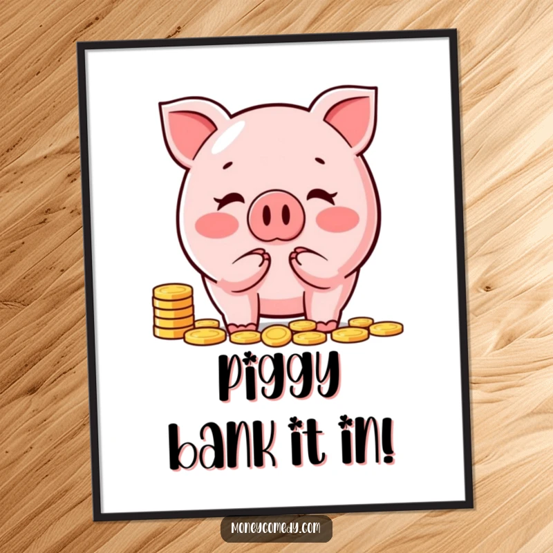 Funny Free Printable Piggy Bank Wall Art: Happy piggy bank character joyfully counts coins, adding cheerful, downloadable decor to any room.