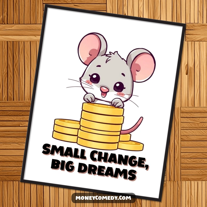 Funny Free Printable Mouse Wall Art: Shy mouse peeking from behind a stack of coins, creating cozy and downloadable decor.
