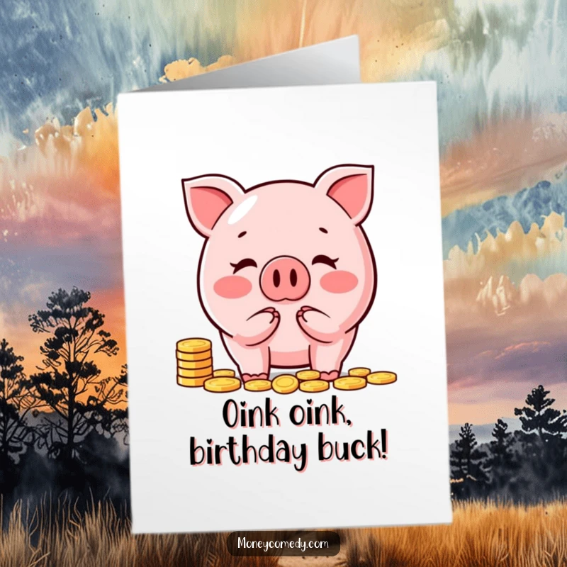 Funny Free Printable Piggy Bank Birthday Card: Happy piggy bank character joyfully counts a pile of shiny coins, wishing a happy birthday.