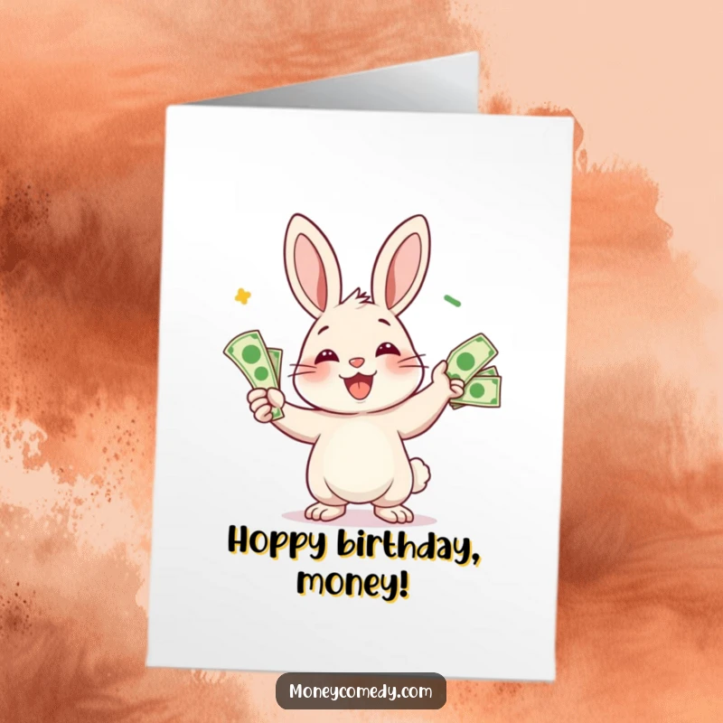 Funny Free Printable Rabbit Birthday Card: Smiling rabbit character expertly juggles a handful of bills, wishing a very happy birthday.