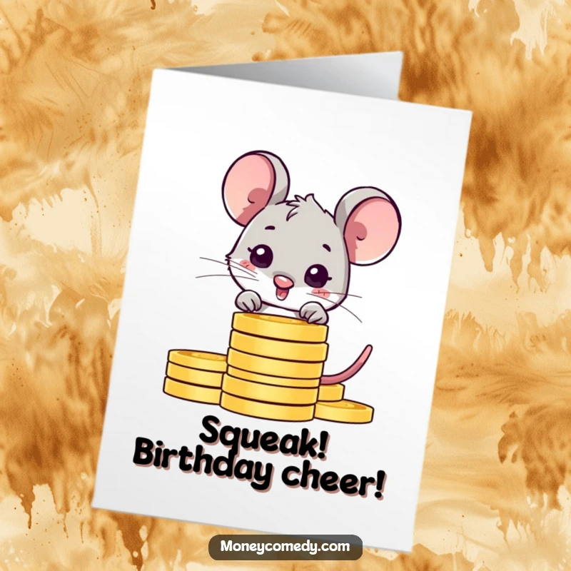 Funny Free Printable Mouse Birthday Card: Shy mouse peeks from behind a stack of coins, wishing happy birthday with a sweet smile.