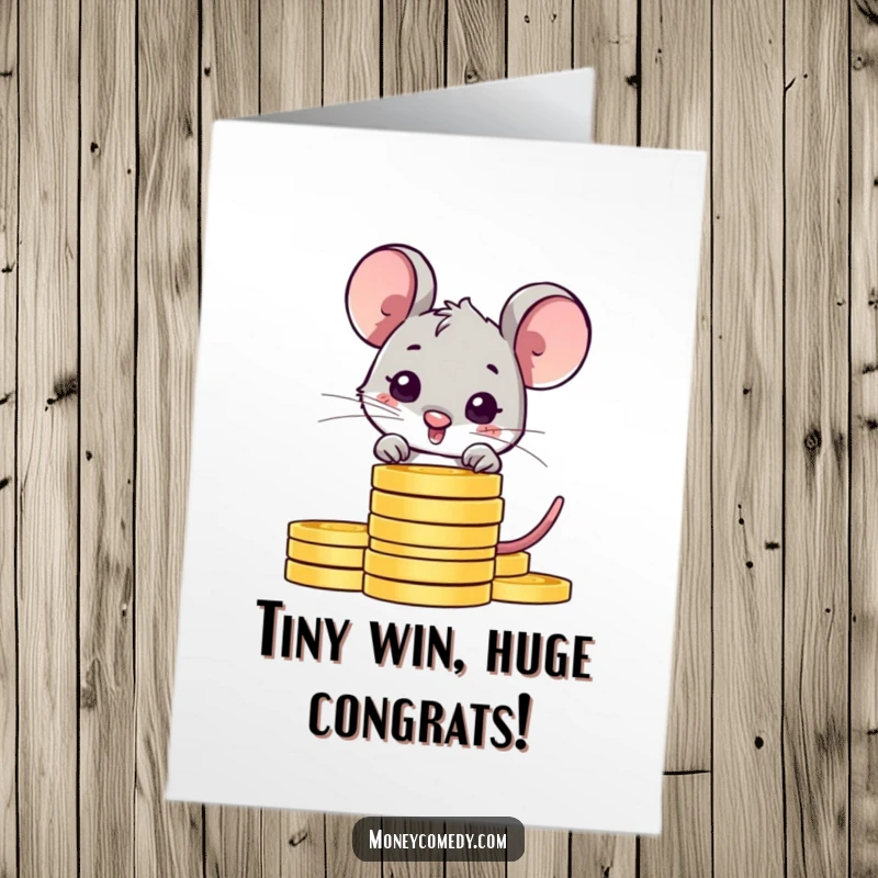 Funny Free Printable Mouse Congratulations Card: Shy mouse peeking from behind coins, conveying congratulations with quiet joy and warmth.