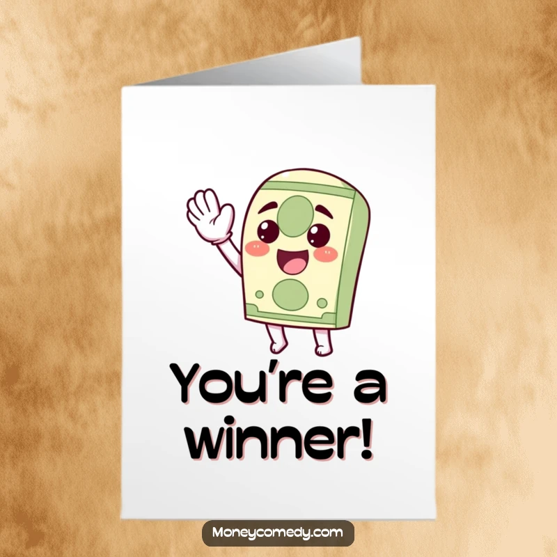 Funny Free Printable Congratulations Card showcasing a kawaii dollar bill character waving energetically, celebrating a financial success.