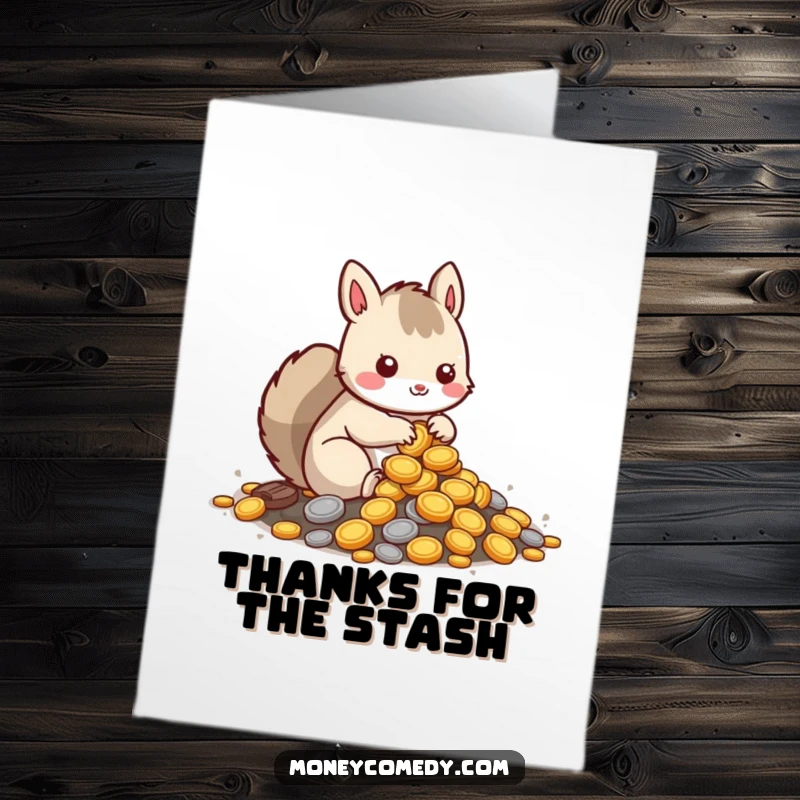 Funny Free Printable Squirrel Thank You Card: Cute kawaii squirrel burying coins, expressing thanks with a plentiful, happy gesture.