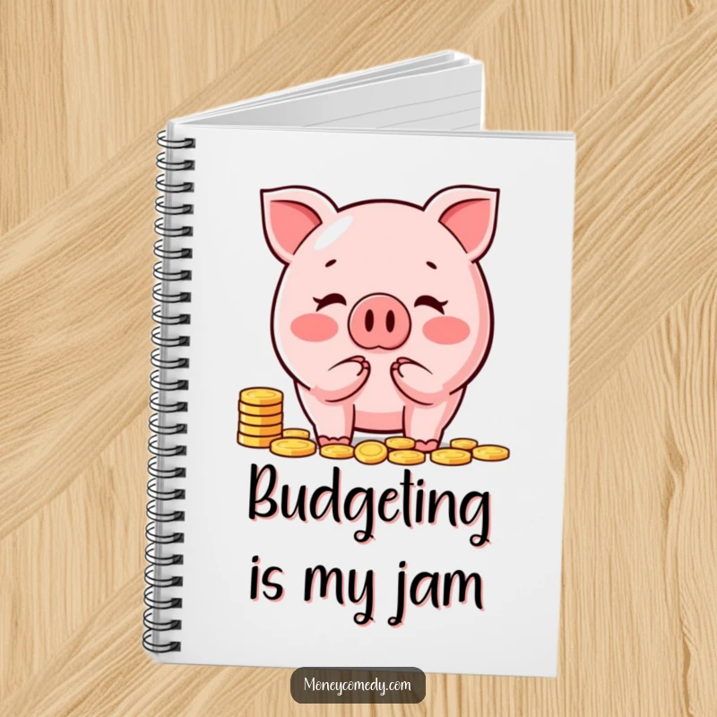 Funny piggy bank notebook with a happy character counting coins, perfect for jotting down notes and financial goals.