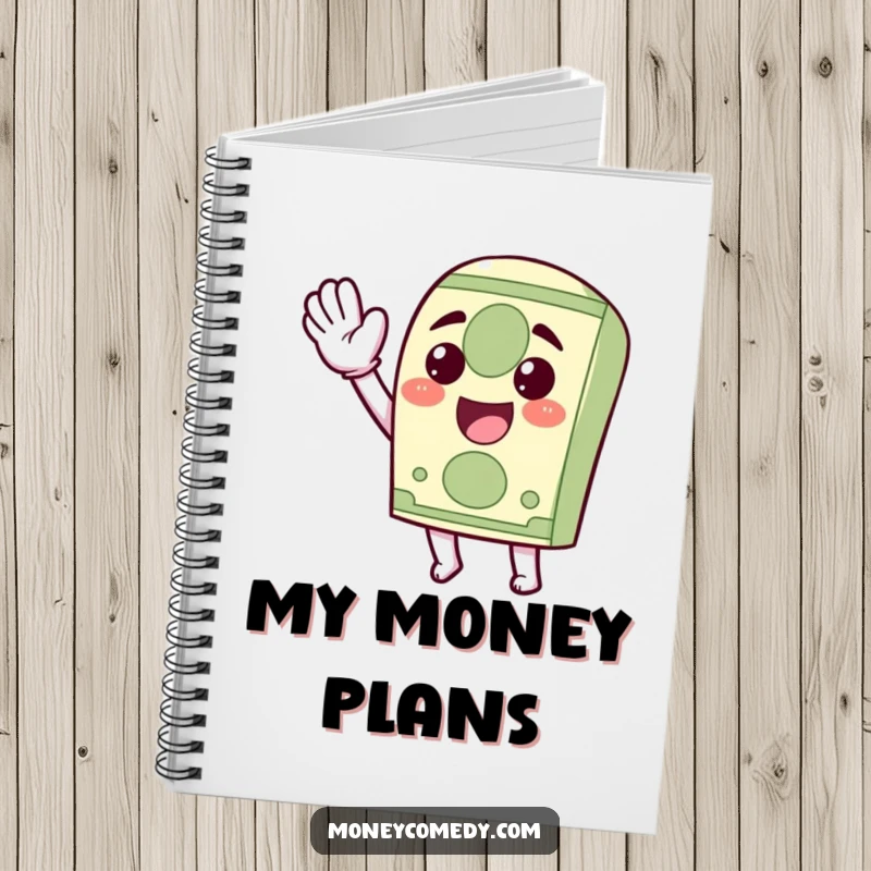 Funny Kawaii Dollar Bill Notebook with a happy dollar bill character waving, perfect for journaling and note-taking.