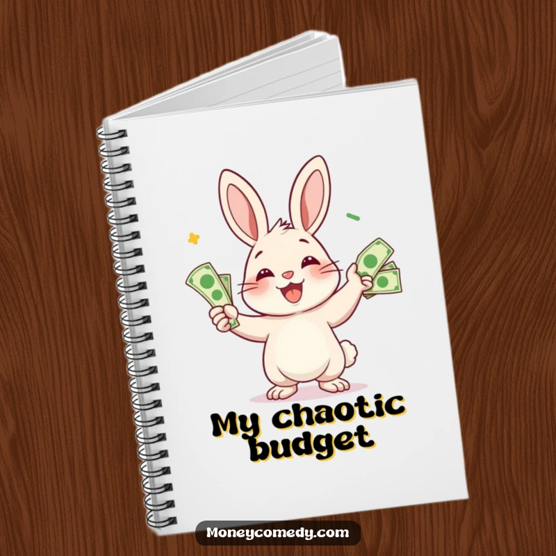 Funny rabbit notebook with a smiling character juggling bills, perfect for jotting down notes and financial aspirations.