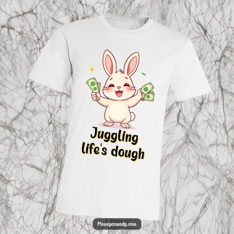 Funny rabbit t-shirt with a smiling character juggling bills, perfect for those who appreciate financial humor.