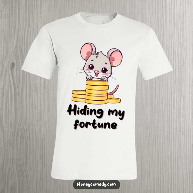 Funny shy mouse t-shirt featuring a cute character peeking from behind coins, perfect for savers and introverts.