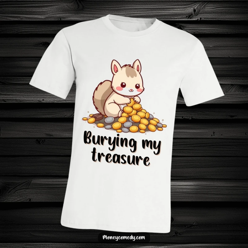 Funny squirrel t-shirt featuring a cute kawaii character burying coins, perfect for savers and nature lovers.
