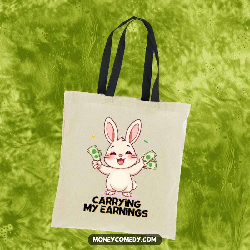 Funny rabbit tote bag with a smiling character juggling bills, a humorous and stylish accessory for carrying essentials.