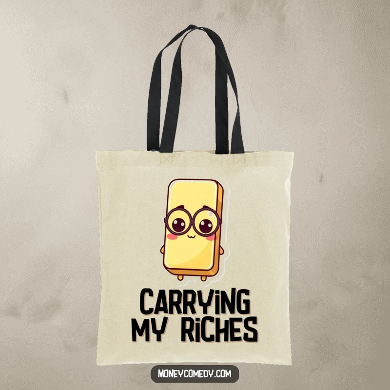 Funny Kawaii Gold Bar Tote Bag featuring a stylish gold bar character with a monocle, perfect for carrying essentials.