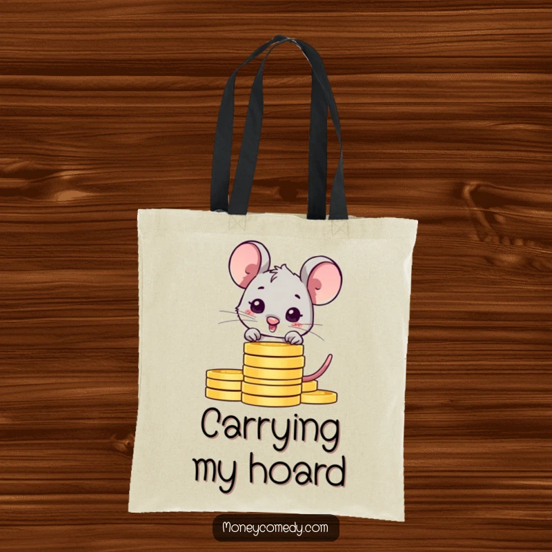 Funny shy mouse tote bag with a shy character peeking from behind coins, perfect for carrying items with a touch of humor.