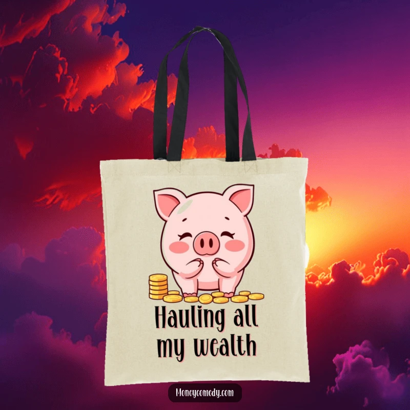 Funny piggy bank tote bag with a happy character counting coins, a stylish and humorous way to carry essentials.